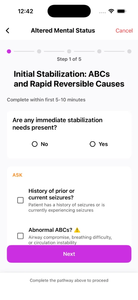 Current app: step 1 of 5 of the altered mental status pathway, covering initial stabilization.