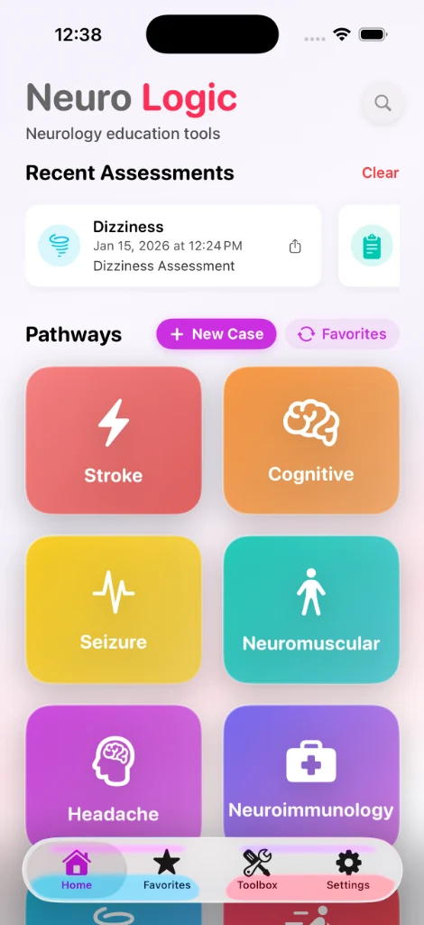 Current app: Home with clinical pathways for stroke, cognitive, seizure, neuromuscular, headache and neuroimmunology.