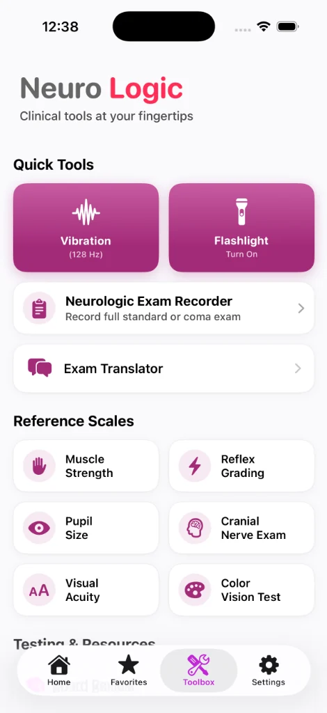 Current app: the Toolbox, with quick tools, an exam recorder and reference scales for muscle strength, reflexes, pupils and cranial nerves.