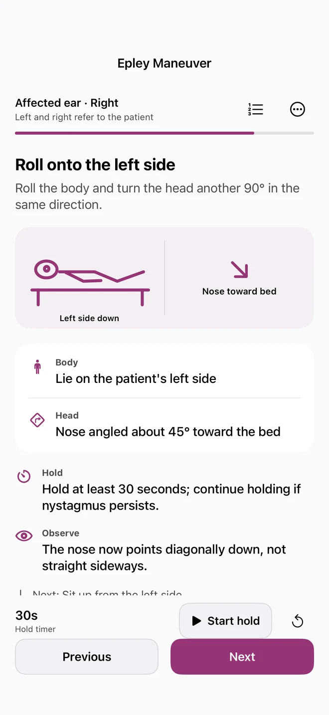 2.0 BPPV preview showing body, head, hold and observation instructions.