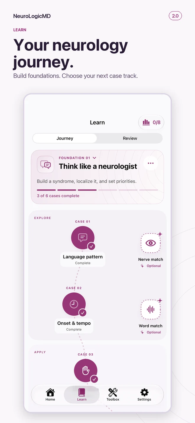 2.0 Learn preview: foundations and optional practice on a lesson journey.