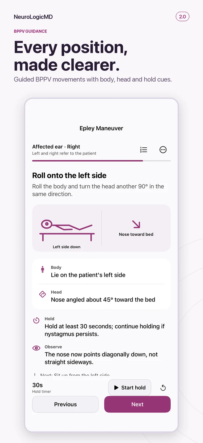 2.0 BPPV preview: body, head and hold instructions for a repositioning step.