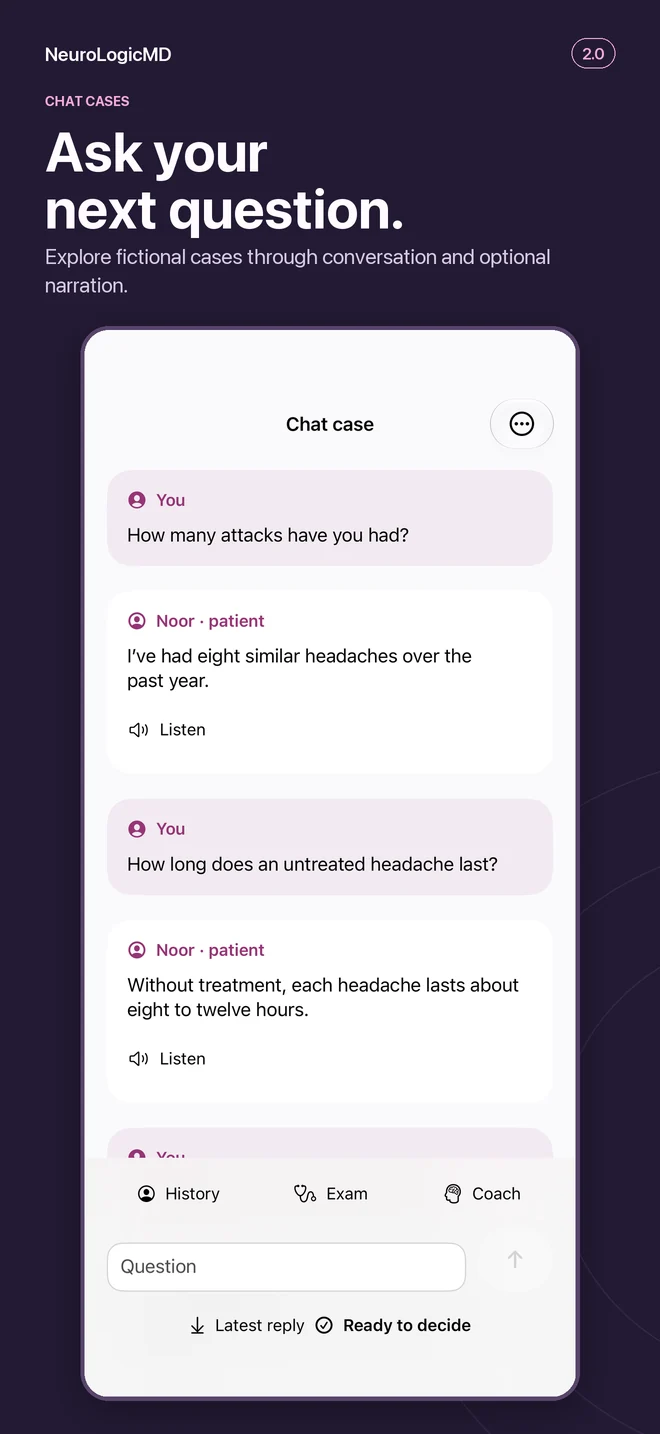 2.0 Chat cases preview: a fictional patient conversation with optional narration.