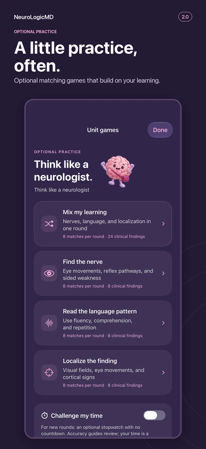 2.0 optional games preview: matching practice, review and a brain guide.